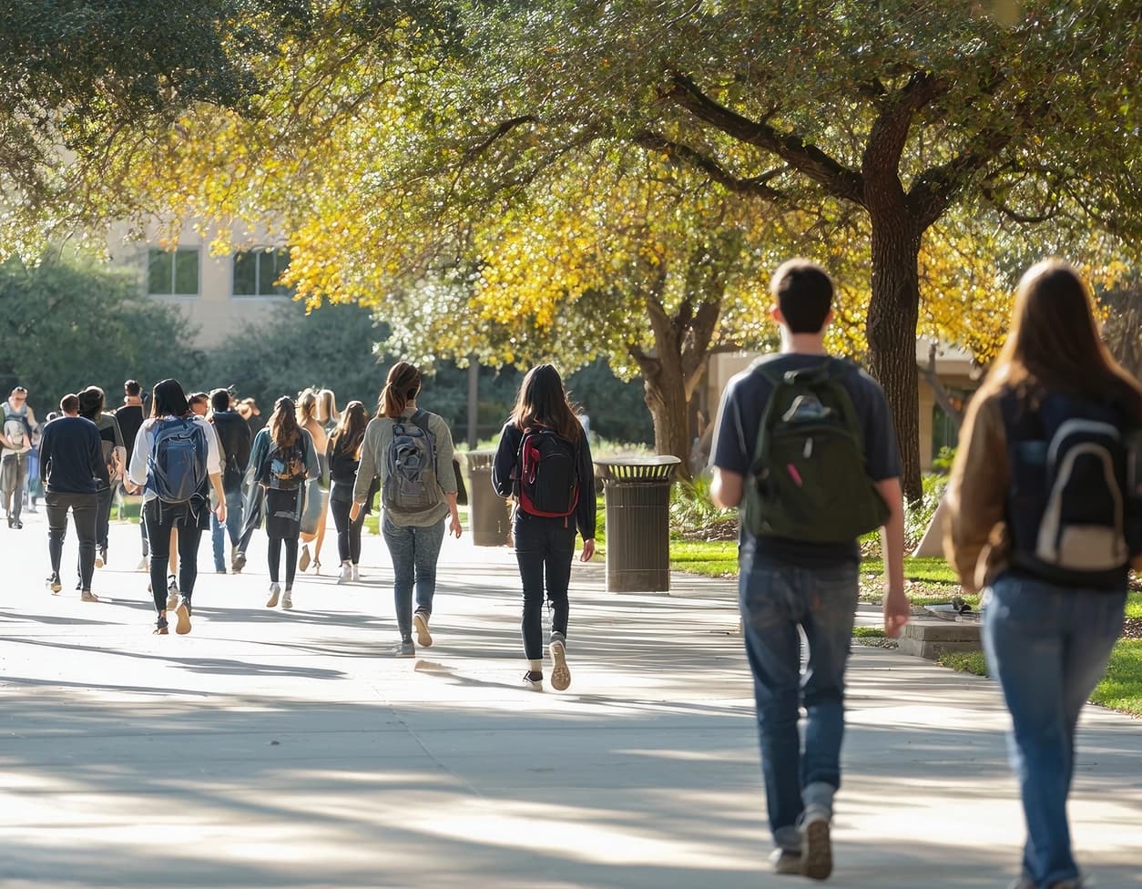 Students walking together on a sunlit campus path