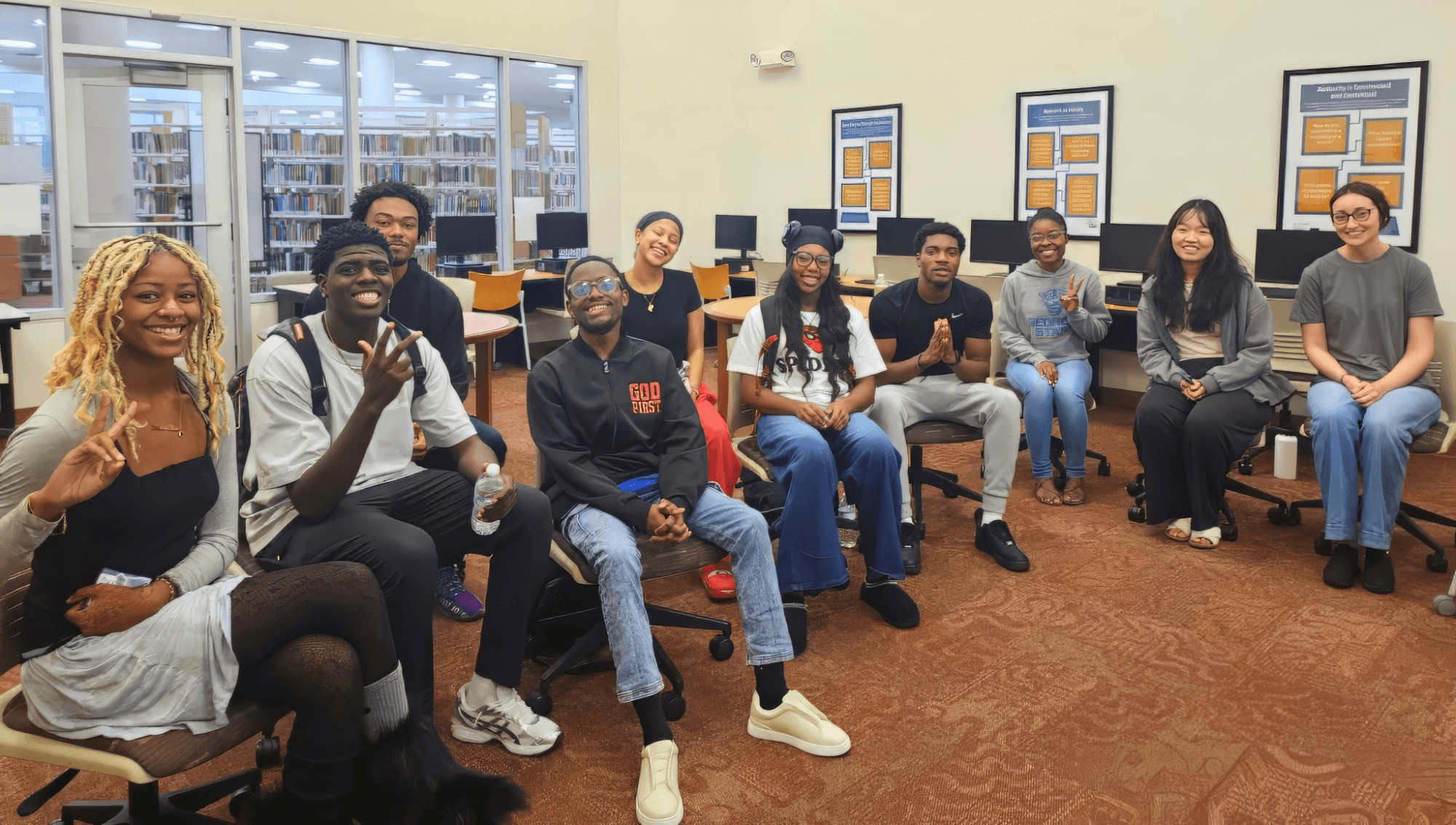 A YEF Bible study group gathered in a campus library