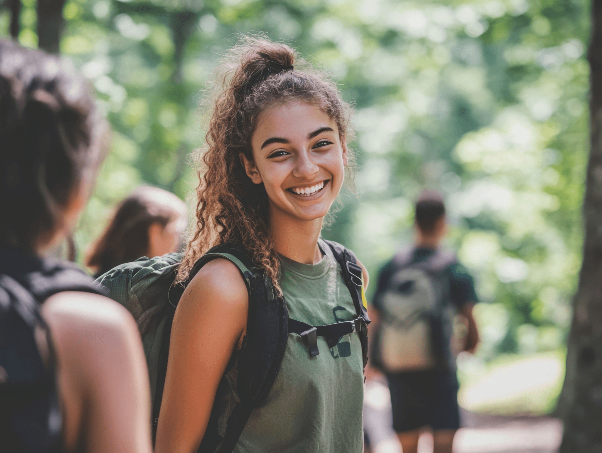 A smiling student wearing a backpack on a wooded trail