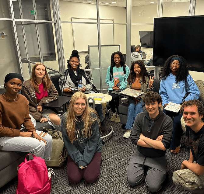 A group of students gathered together
