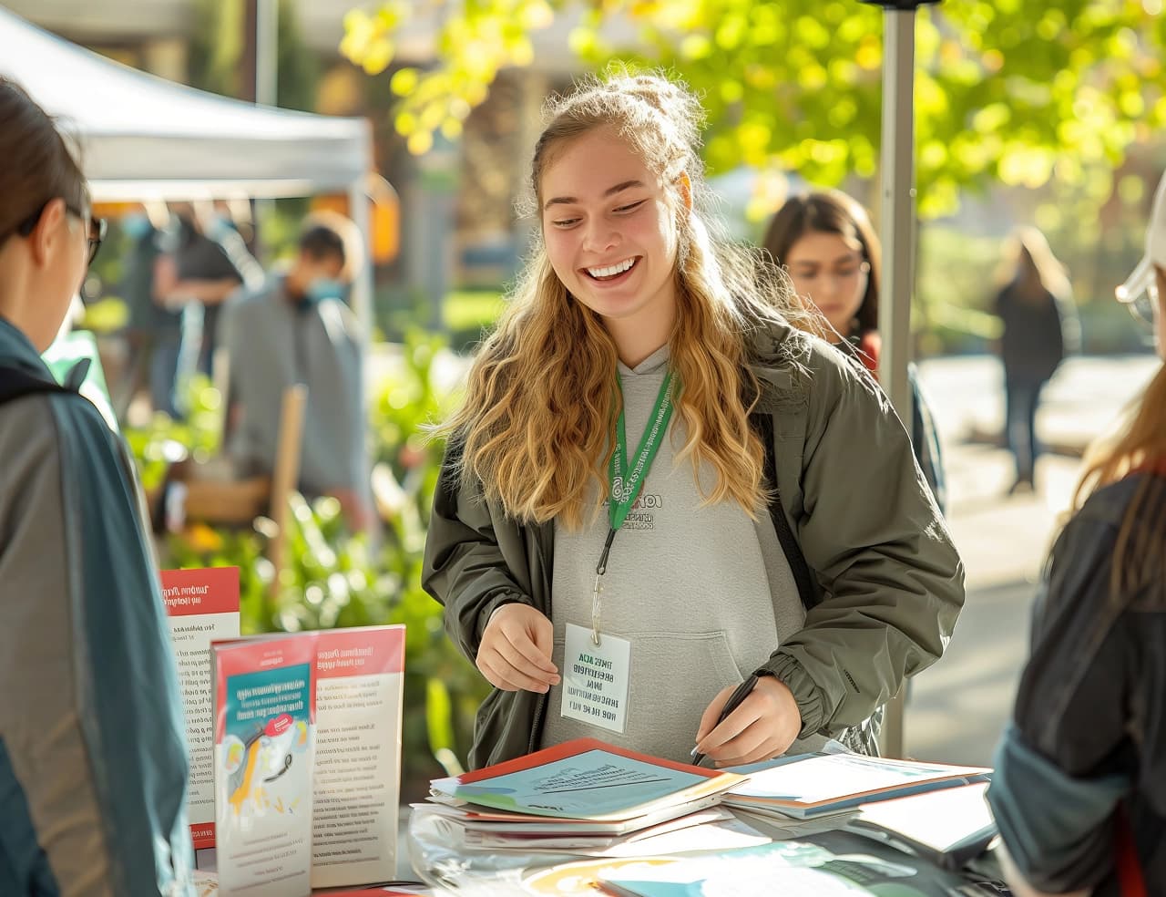 An intern smiling and helping a student at an outreach table