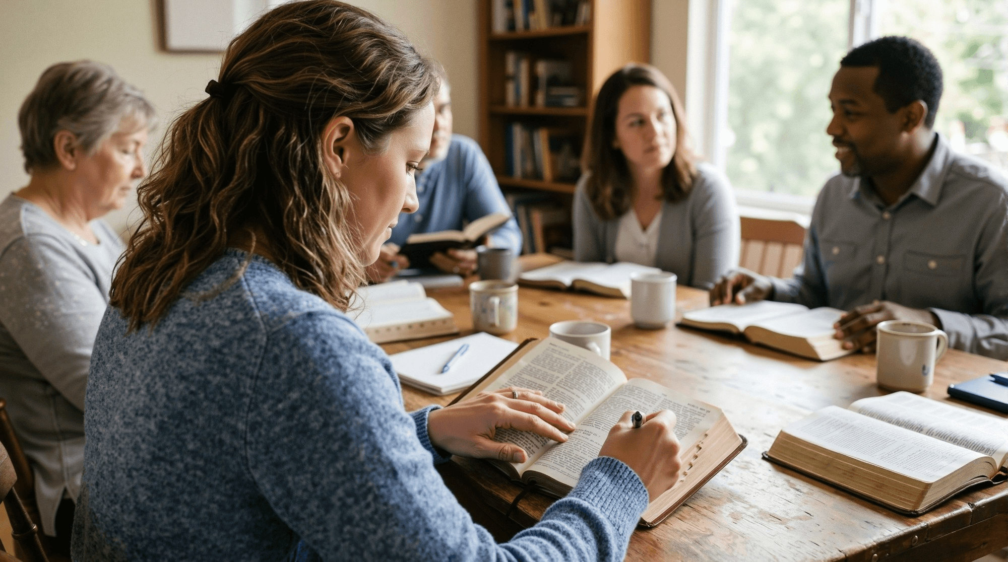 A small group studying the Bible together around a table