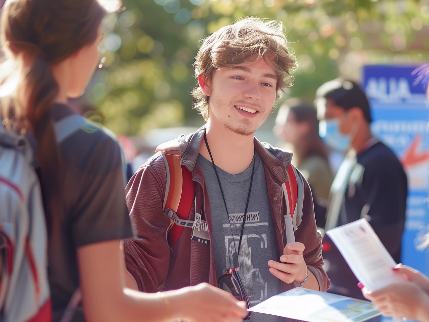 A volunteer talking with students at a campus outreach table