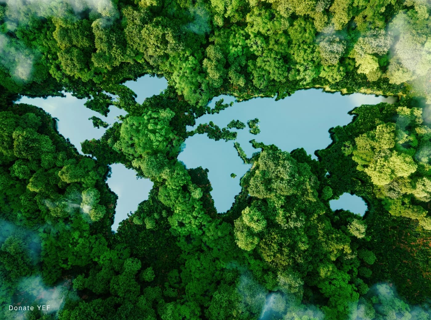 An aerial forest canopy forming the shape of a world map