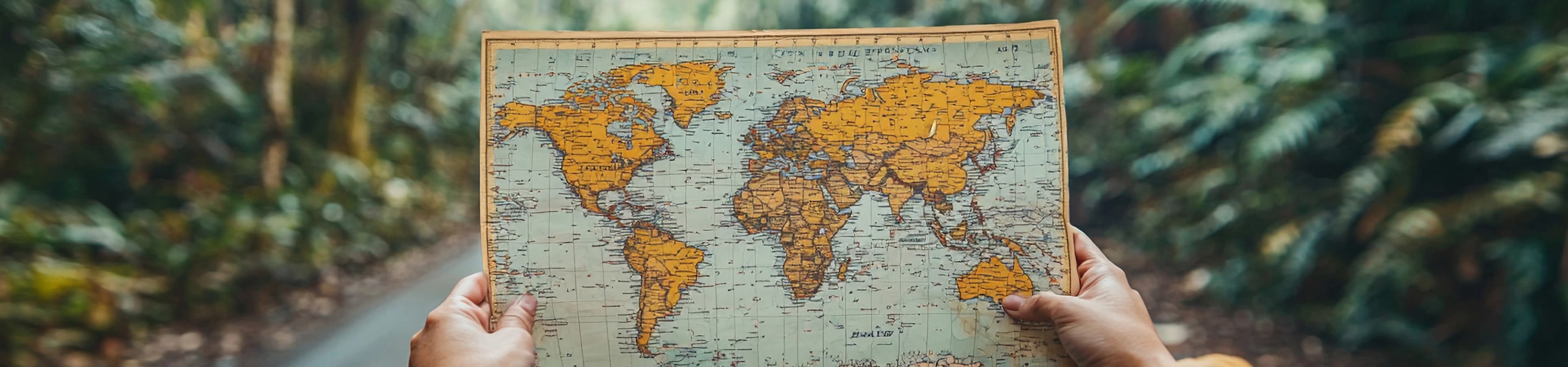 Hands holding an open world map on a forest path