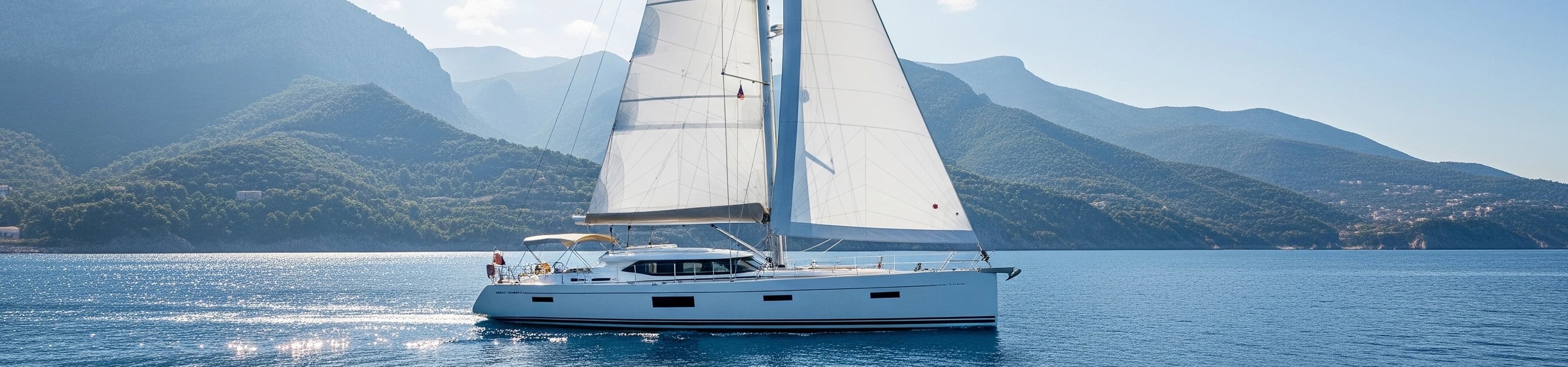 A sailing yacht on calm water below green mountains