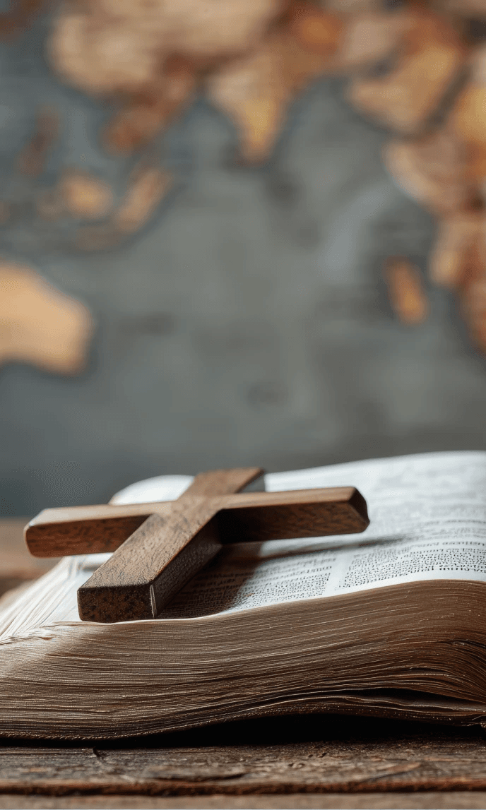 A wooden cross resting on an open Bible before a world map