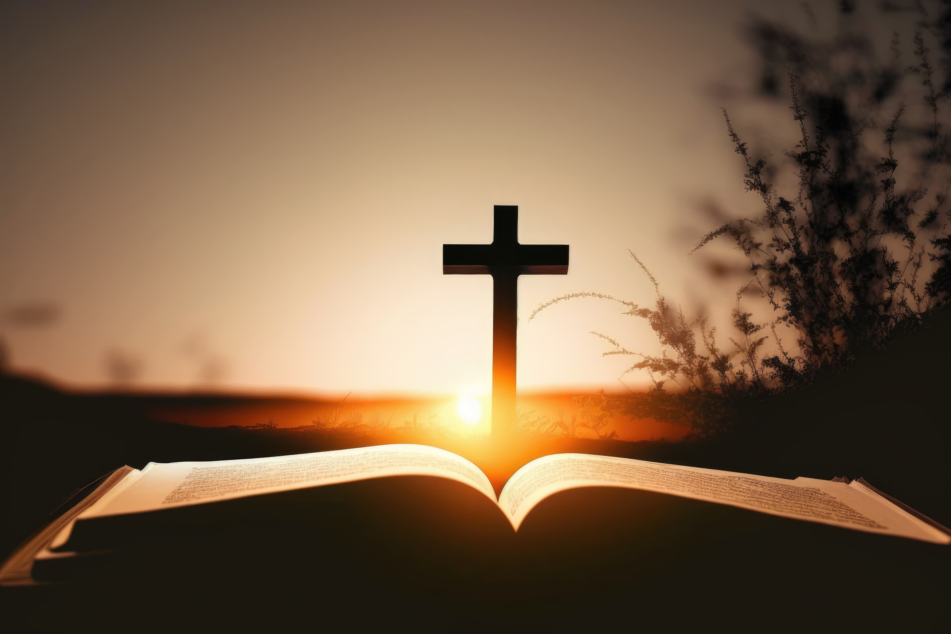 A wooden cross resting on an open Bible